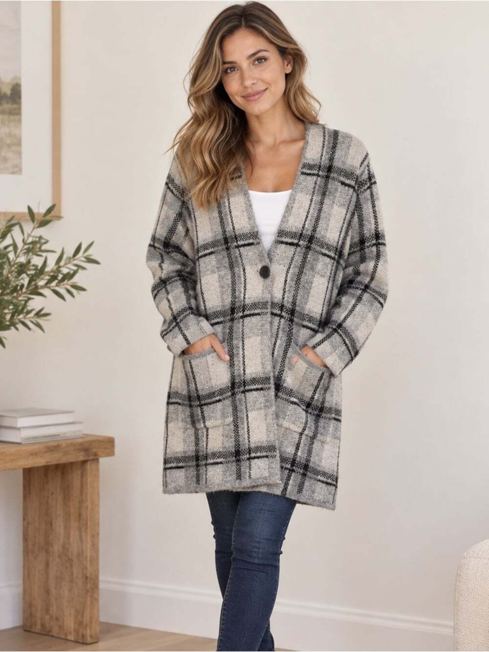 Rachel Zoe Plaid Wool Blend Long Cardigan Size Small Oversized Grey Black